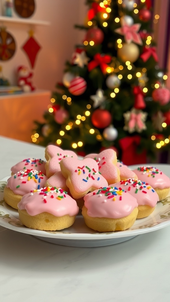 A plate of pink Christmas treats with frosting and sprinkles, set against a backdrop of a decorated Christmas tree.